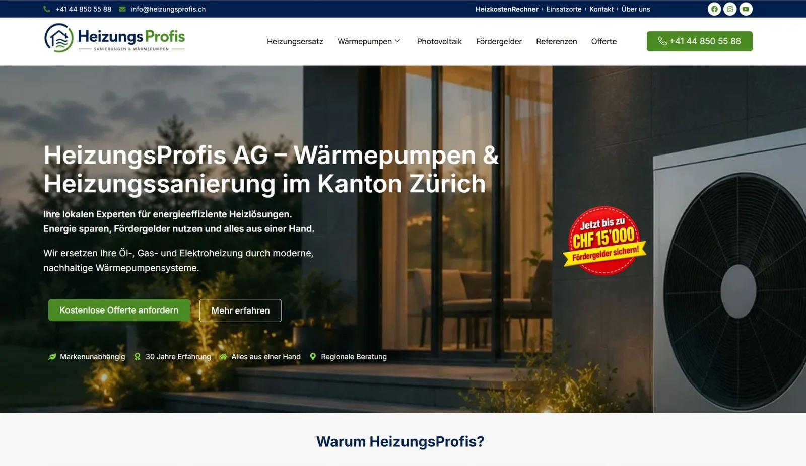 Website der HeizungsProfis AG – Wärmepumpen & Heizungssanierung im Kanton Zürich