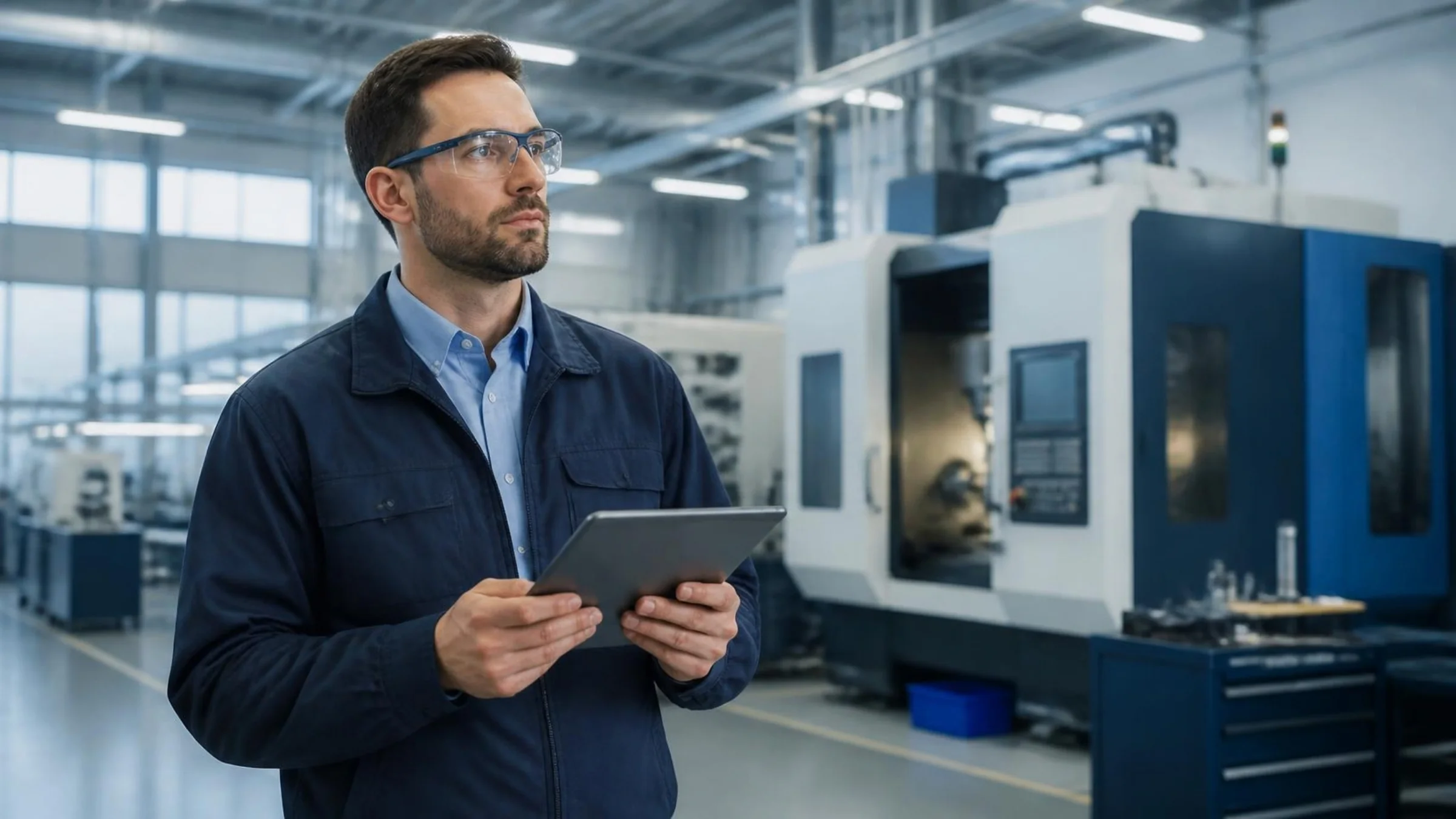 Ingenieur mit Tablet in einer Fertigungshalle