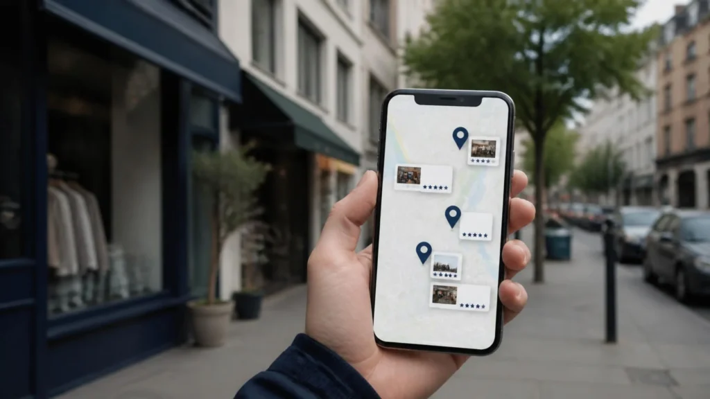 Smartphone mit Karte und Unternehmensprofilen in der Stadt