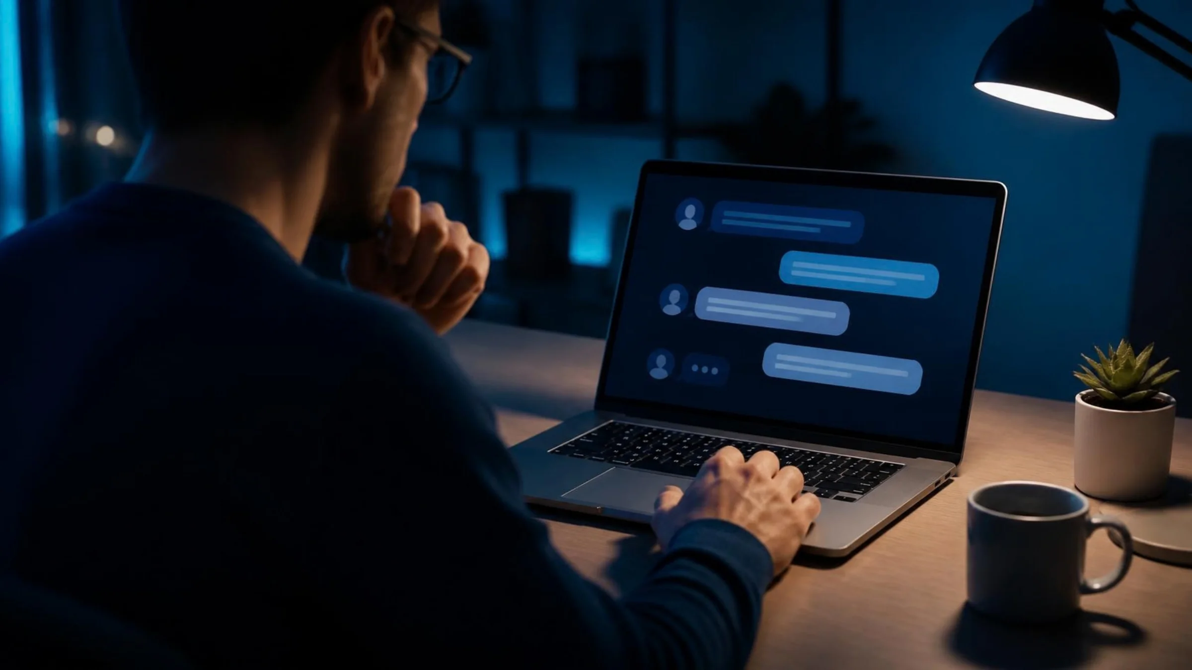Nutzer fragt einen KI-Assistenten am Laptop