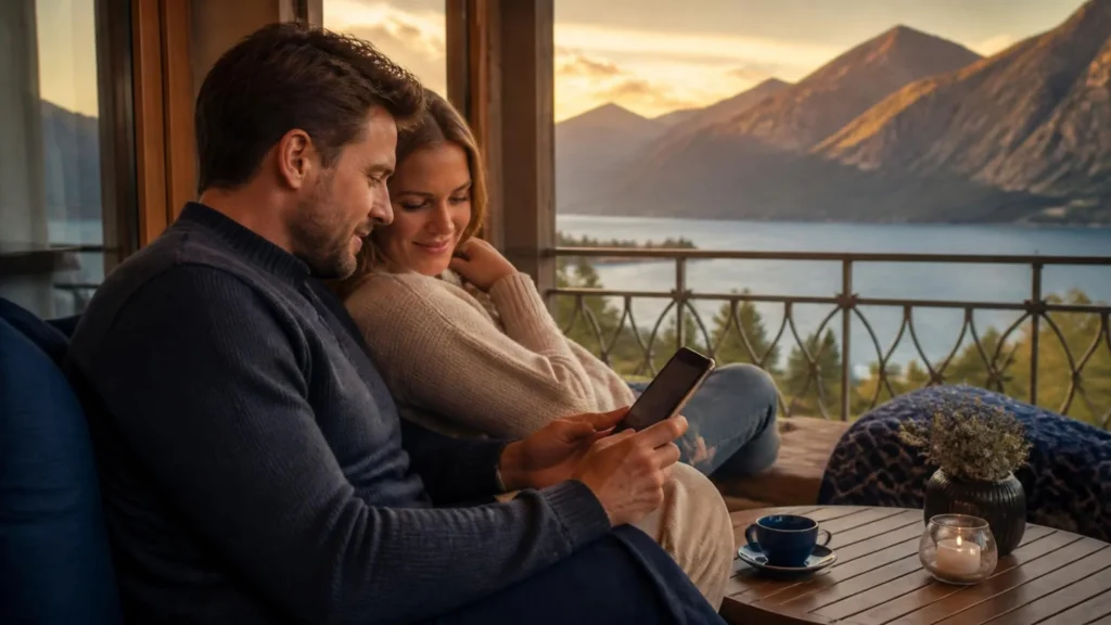 Paar bucht Hotel direkt auf dem Smartphone mit Seeblick