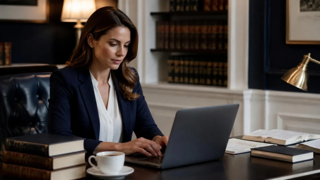 Anwältin schreibt einen Ratgeberartikel am Laptop