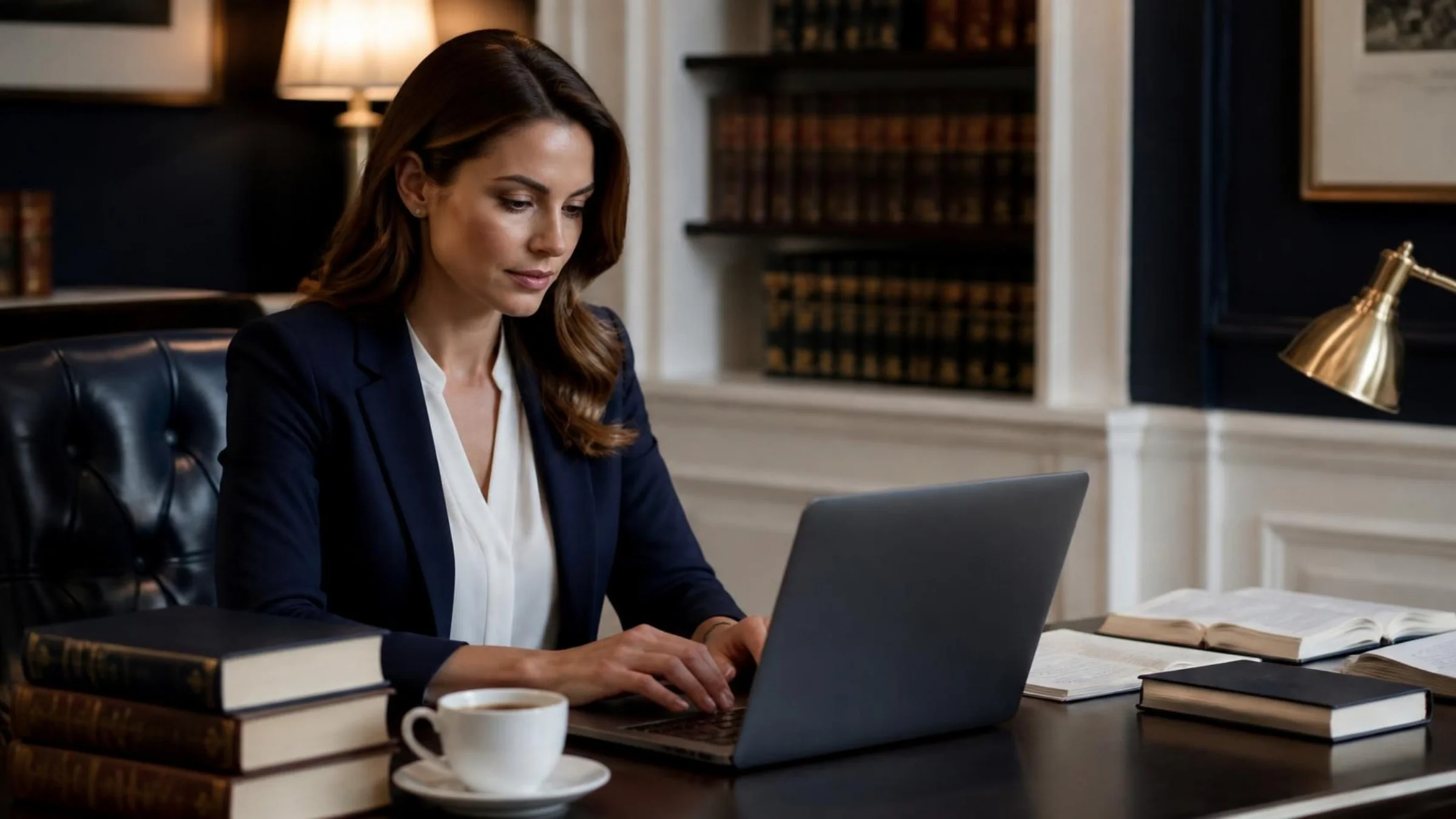 Anwältin schreibt einen Ratgeberartikel am Laptop