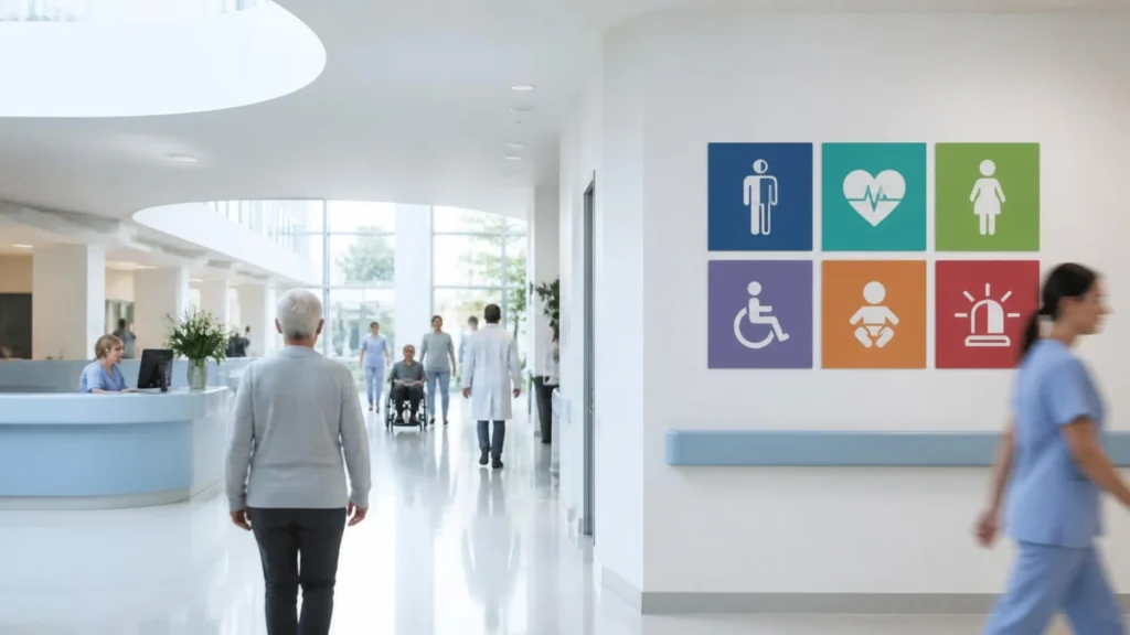 Eingangshalle einer Klinik mit Wegweiser zu den Fachbereichen