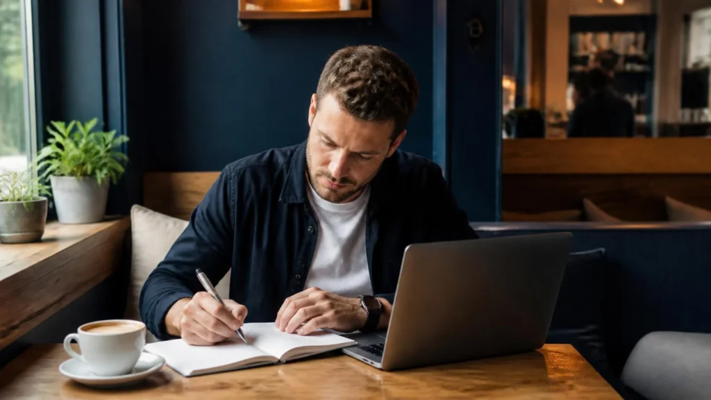 Freelancer arbeitet im Café an seiner Website