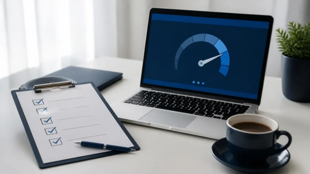 Checkliste neben Laptop mit Ladezeit-Anzeige