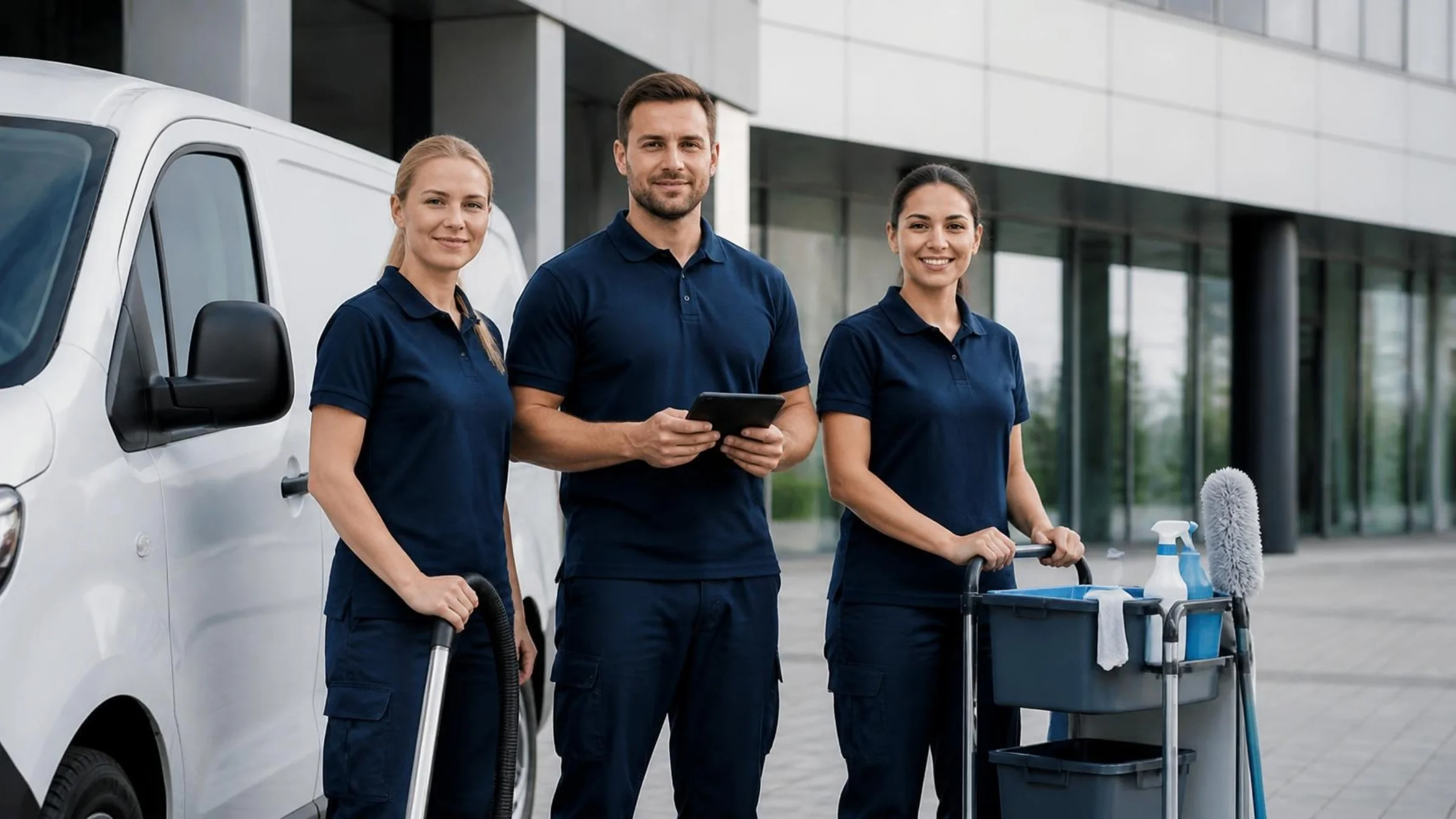 Dienstleistungsteam vor dem Servicefahrzeug
