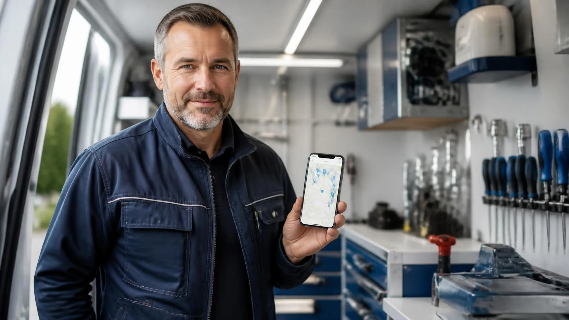 Handwerker mit Smartphone im Werkstattwagen