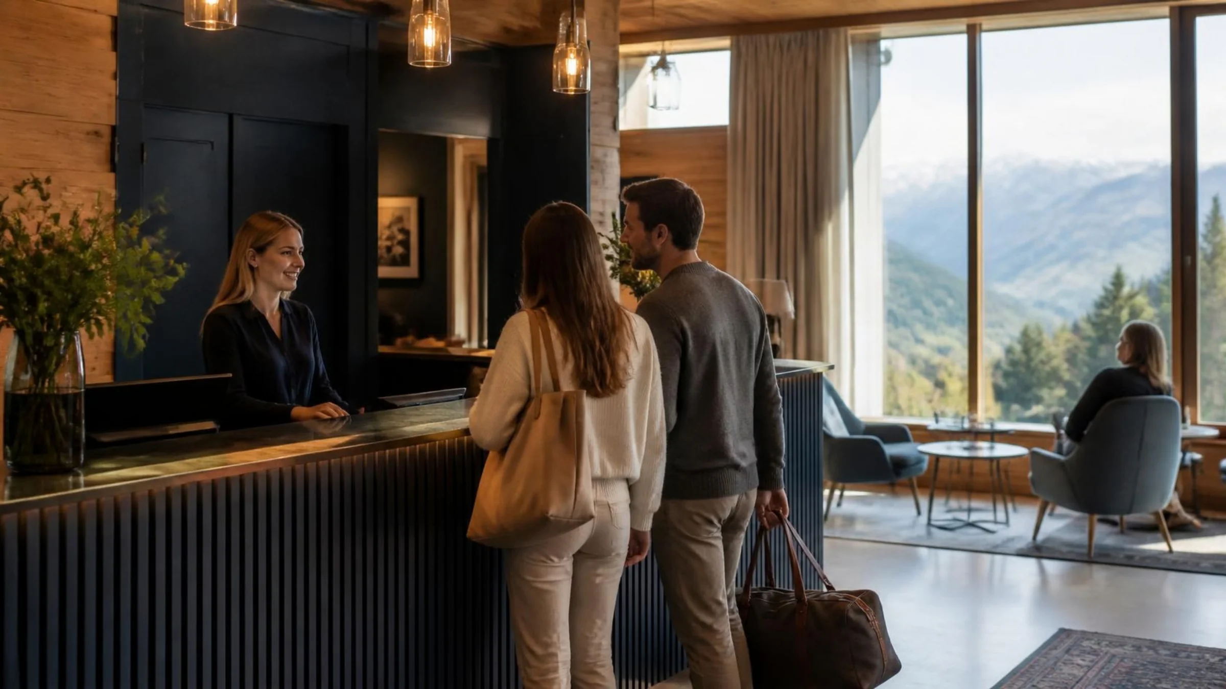 Hotelrezeption mit Blick auf die Berge
